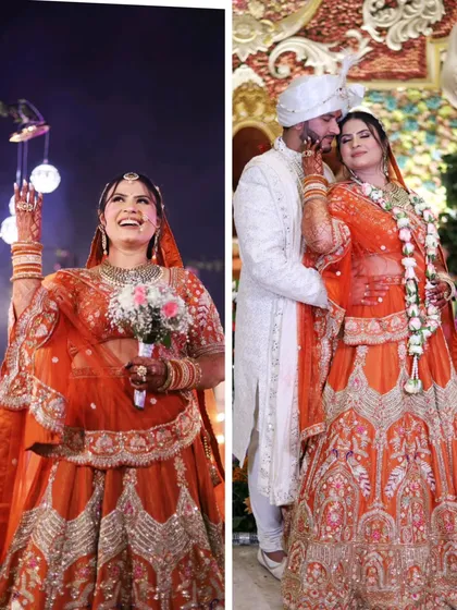 A diptych layout showing the bride's solo entrance and a romantic moment with her groom. It's a great way to tell a story in two frames.
