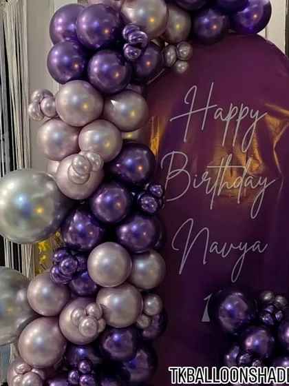 For a sophisticated and modern birthday celebration, I designed this arch with chrome purple, pastel, and silver balloons. The custom arched backdrop with elegant script adds a personalized touch, perfect for creating a stylish photo corner.