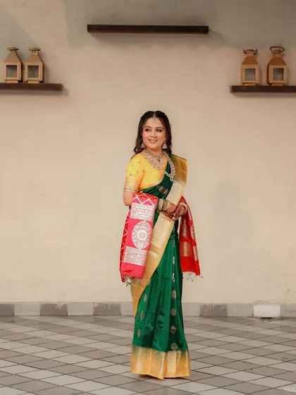 A classic full-length pose, showcasing the entire bridal ensemble.
