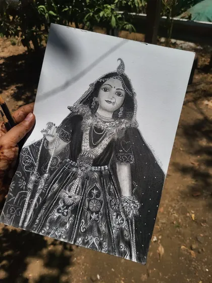 This detailed graphite portrait of Radha Rani was a labor of love. I focused on capturing the intricate details of her jewelry and the serene devotion in her expression, bringing her divine form to life on paper.