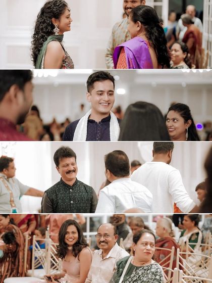 A collage of candid moments from the reception, showing guests mingling and enjoying the celebration.