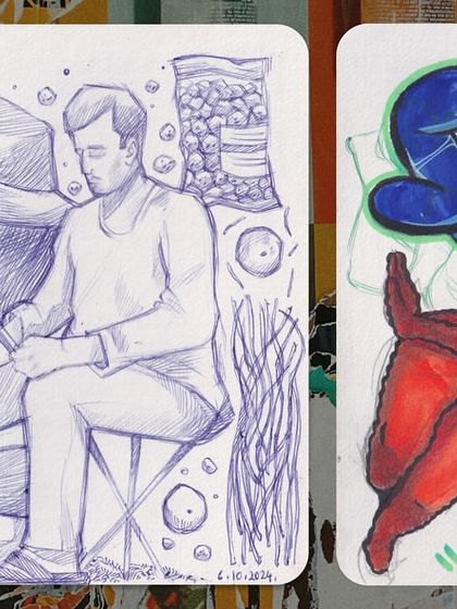 A sketchbook spread showing a mix of styles. On the left, a ballpoint pen scene from life, and on the right, a colorful graffiti and character exploration.