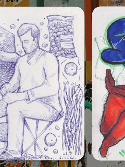 A sketchbook spread showing a mix of styles. On the left, a ballpoint pen scene from life, and on the right, a colorful graffiti and character exploration.