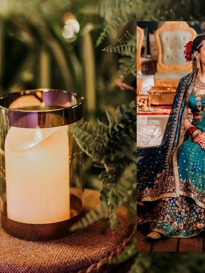 A collage pairing a detail shot of a candle with a stunning portrait of the bride in her royal blue lehenga.