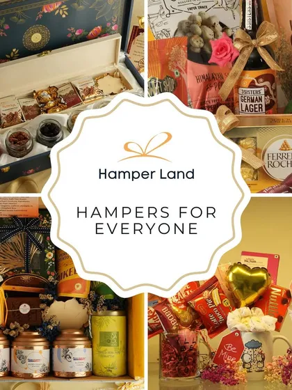 A collage of hampers for everyone and every occasion. This image shows the variety of styles I offer, from family-sized boxes to foodie baskets and romantic gifts.
