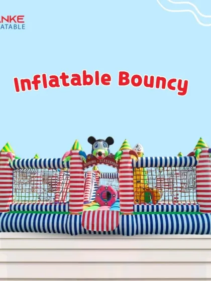 This graphic shows a bouncy castle with a netted enclosure, which is great for younger kids. It allows them to jump safely inside while parents can keep an eye on them.