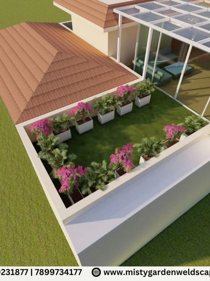 This aerial 3D view shows how we plan the integration of a new terrace structure with the existing building, including the roofline and surrounding garden areas with planters.