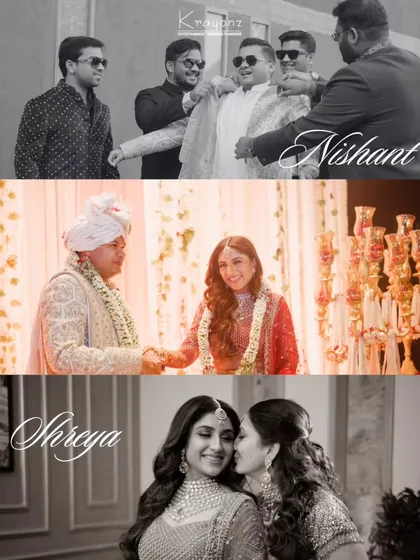 A beautiful collage telling the story of Shreya and Nishant's wedding day, from the groom getting ready with his friends to the bride sharing a moment with her mother.