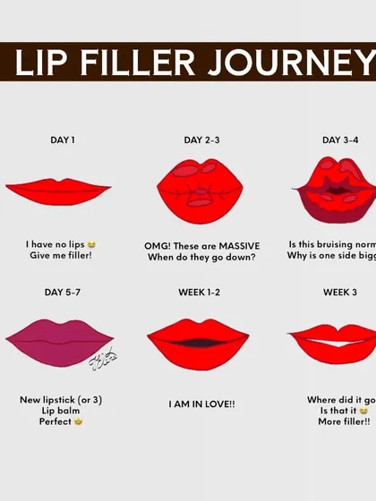 Many clients feel nervous about what to expect after getting lip fillers. This chart explains the normal healing process, from initial swelling to the final, settled result. I always talk you through this so you know what to expect each day.