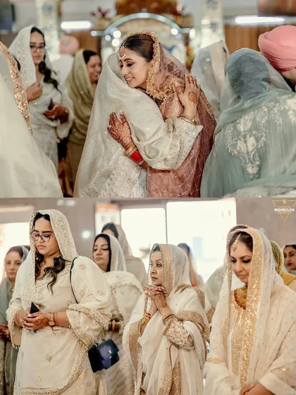 Emotional moments from the Gurudwara, showing the bride sharing a heartfelt hug with a family member, capturing the love and blessings surrounding her.