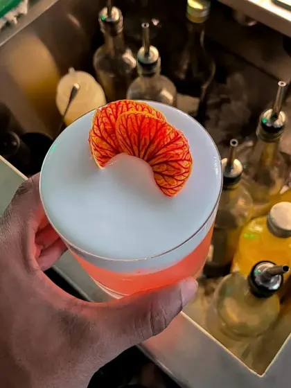 The garnish is the final touch of artistry. This foamy sour cocktail is finished with an intricate fan made from a dehydrated orange slice.
