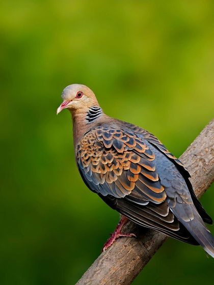 A Turtle Dove perches on a branch, its beautifully patterned back turned towards the viewer. The clean green background makes the intricate feather details stand out.