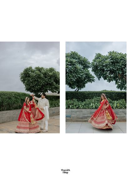 A diptych of the couple enjoying a lighthearted moment outdoors after their ceremony, the bride's twirl capturing her happiness.