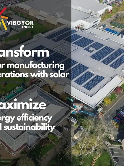 An aerial view of a solar installation on a manufacturing plant, showcasing how we integrate solar power seamlessly into existing industrial operations. Our solutions are designed to maximize energy efficiency without disrupting your business.
