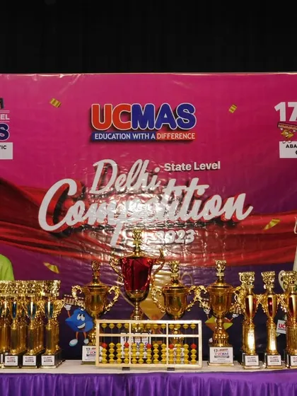 Another look at the stage set for the 17th Delhi State Level Competition awards. The numerous trophies represent our commitment to celebrating the success and dedication of every participating student.