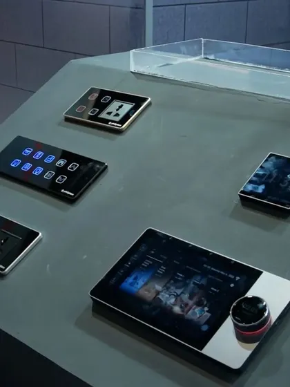 A display of my various smart panels and control hubs at the expo. This setup allows visitors to touch and feel the quality and design of each product.