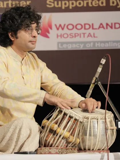 Another angle from the Kolkata concert, showing my posture and hand placement, which is key to producing a clear and resonant sound from the tabla.