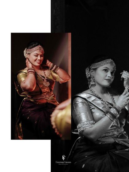 A creative black and white collage of the bride and her reflection, playing with light and shadow.