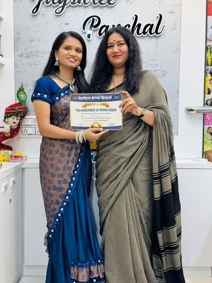 I believe a good teacher is always a student first. This was a proud moment for me, receiving my professional certification from my own mentor, the celebrated artist Jayshree Panchal. I bring this knowledge and dedication to every class I teach.