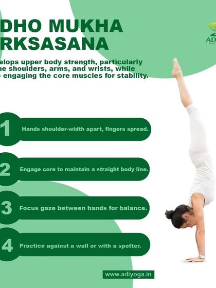 Adho Mukha Vrksasana, or Handstand, is the ultimate test of upper body strength and balance. My guidance includes using a wall or a spotter to practice safely.