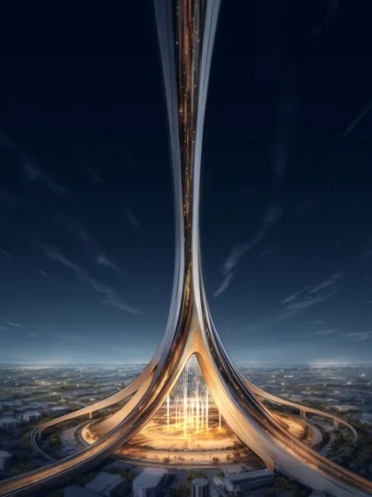 The base of the Meta Tower, where glowing lines of light represent the convergence of different cultures and communities in the metaverse.