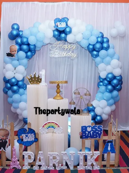 A full Boss Baby ring decoration with blue and white balloons and all the themed props. This is a complete package for an easy and beautiful home party.