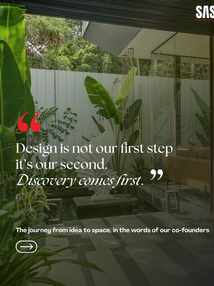 The quote "Design is not our first step, it's our second. Discovery comes first" is overlaid on a view of an intimate courtyard. This image connects our philosophy to the tangible result: a thoughtful, context-aware garden space.