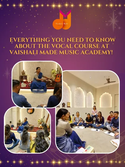 This graphic gives you a comprehensive look at our vocal course. It shows real class moments and highlights the journey from beginner to advanced, with hands-on practice and performance opportunities.