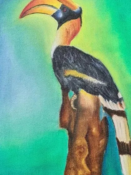 A colourful oil painting of a hornbill, created by my student Abhay. He has used a vibrant, blended background to make the bird stand out.