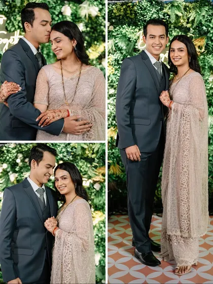 A collection of happy moments from Namrata and Pratyush's elegant reception. Their smiles against the beautiful floral backdrop say it all.
