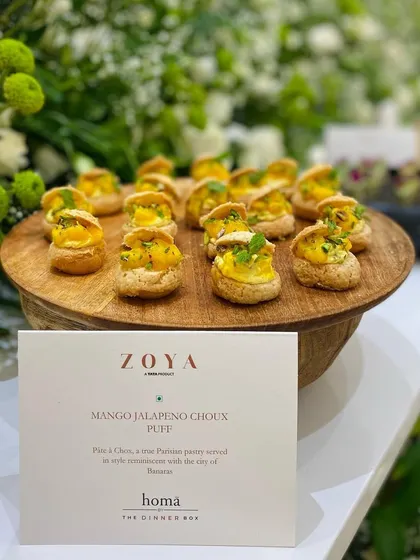 Our Mango Jalapeno Choux Puffs, created for a Zoya Jewels flagship store launch. Each canapé is a piece of edible art, designed to delight guests at sophisticated corporate soirées.