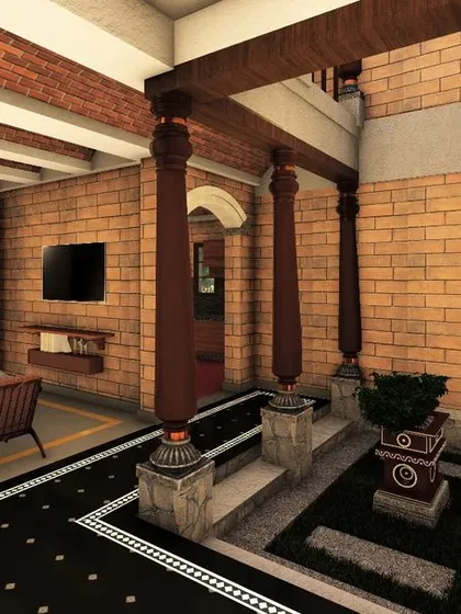 This interior render showcases the living area and courtyard of a CSEB house. The design emphasizes an open-plan layout where the living space flows into the central 'totti', creating a spacious and interactive family area.