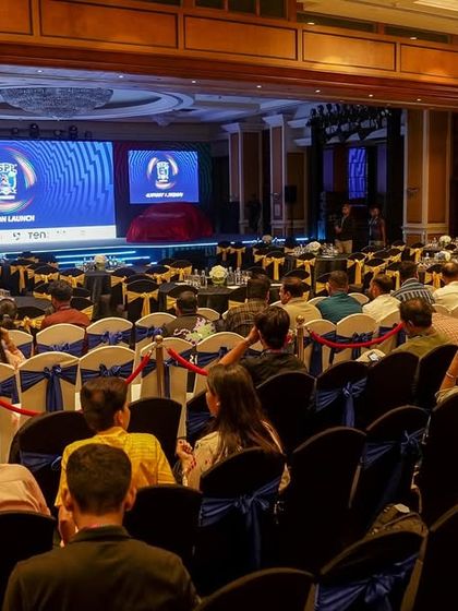 A wide shot of the audience and stage at the ISPL Season 3 press conference. We handled the complete setup, including staging, seating, and all technicals.