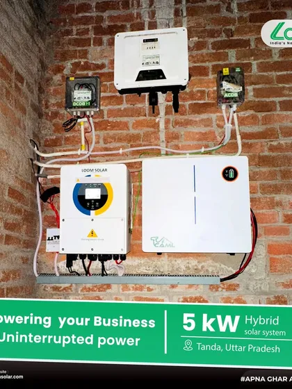 A 5kW Hybrid Solar System with a LiFePO₄ CAML Battery installed in Tanda, Uttar Pradesh. This solution provides 24/7 power backup for commercial operations, helping businesses become energy independent.