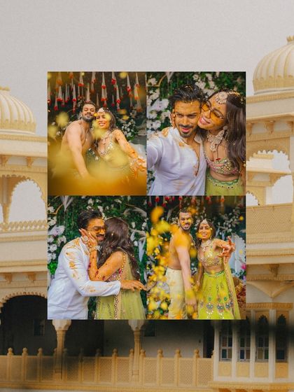 A creative collage capturing the fun and romance of a Haldi, from playful splashes to a sweet selfie moment.