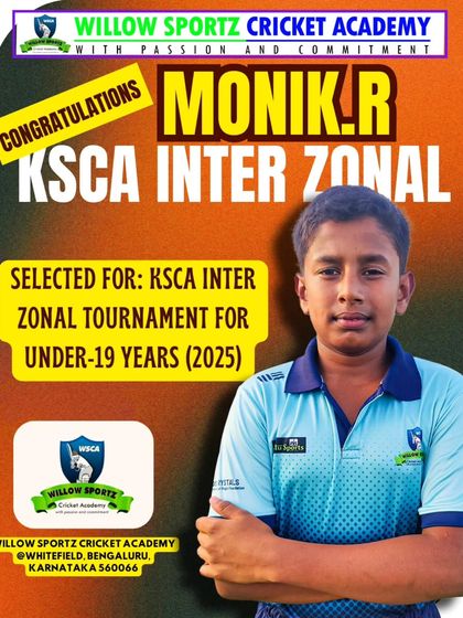 Congratulations to Monik R on his selection for the KSCA Inter-Zonal Under-19 Tournament. This is a huge achievement that reflects his dedication and skill.