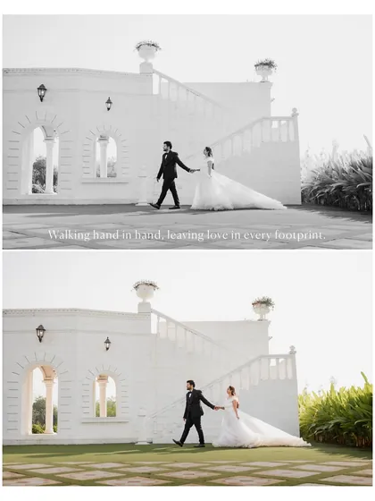 A classic pre-wedding portrait of the couple walking hand-in-hand in front of a beautiful white building, showcasing a timeless and elegant style.