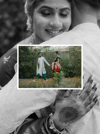 A creative double-exposure style image, with a close-up of a smiling bride overlaid with a smaller image of the couple walking hand-in-hand.