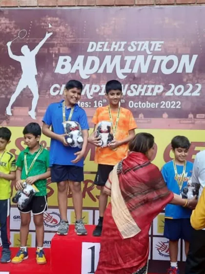 Our U-11 Boys Doubles champions, Arjun and Vatsal, on the podium at the Delhi State Badminton Championship. This was their first gold medal together, a huge achievement earned through teamwork and practice.
