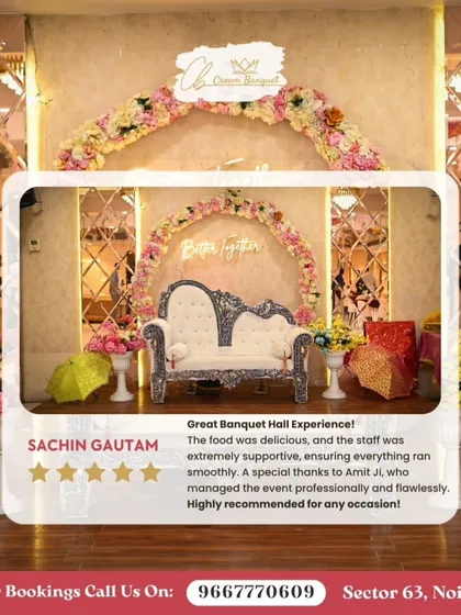 We are proud to receive such wonderful feedback from our guests. This review highlights our delicious food and the supportive, professional service provided by our team, set against our popular floral arch and elegant white couple's sofa.