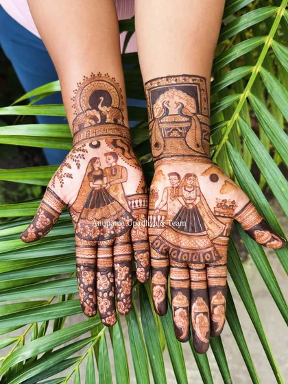 This Karwa Chauth design features two different couple poses, each telling a part of their story. The top of the hands are adorned with elephants and peacocks for a traditional touch.