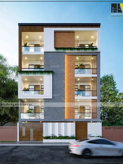 This residential elevation for a 40-foot wide, 4-storey building in Param Puri features a mix of materials. We've used brick cladding, grey tiles, and a prominent white-framed balcony to create a diverse yet harmonious facade.