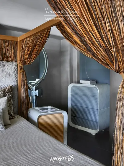 A close-up of the custom side tables in the master bedroom. The table on the left is from my Matilda Collection, while the chest of drawers on the right provides stylish vanity storage.
