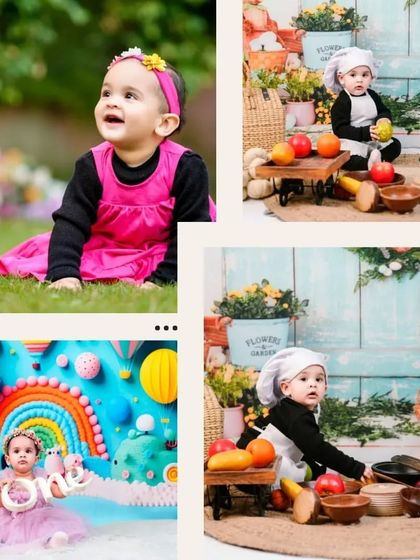 A collage of milestone moments, from a sweet outdoor portrait to a fun 'Little Chef' theme and a colorful rainbow cake smash setup for a first birthday.