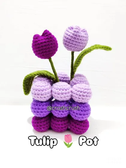 A clear shot of the purple tulip pot with "Tulip Pot" text overlay, showing the full product.