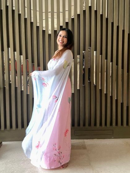 For my sister's Roka ceremony, I styled myself in this subtle and pretty georgette printed saree. The soft pastel colors and floral print were perfect for an intimate day function.