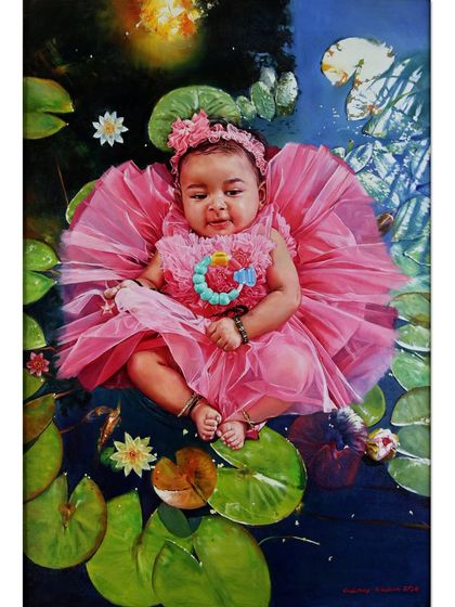 This oil painting of my daughter, my princess, is a deeply personal piece. I imagined her as a flower herself, floating among the lily pads, a moment of pure innocence and beauty.