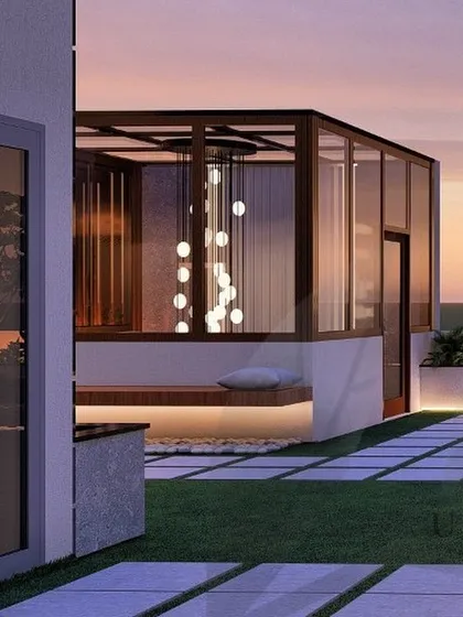A design concept showing a glass-enclosed lounge area. This feature allows for year-round enjoyment of the outdoor views, regardless of the weather.