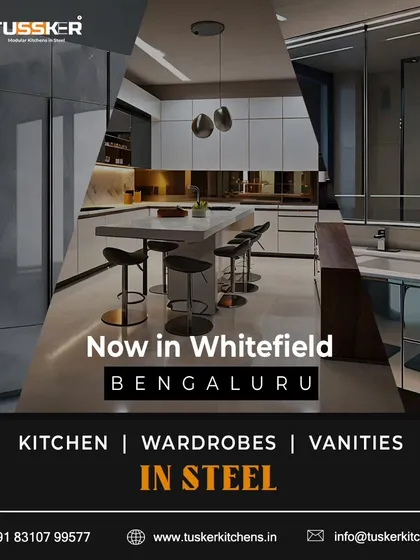 We are proud to be present in Whitefield, Bengaluru. This image collage features a modern kitchen with a breakfast counter and a sleek grey wardrobe, representing the high-end, integrated solutions we offer for your entire home.