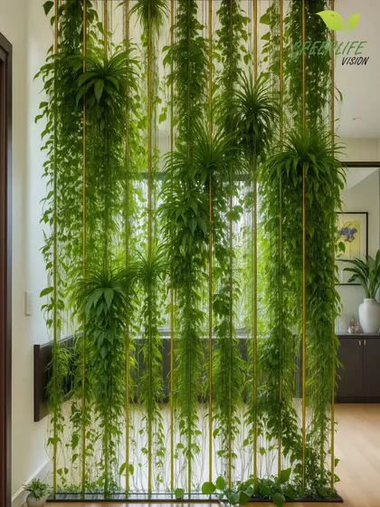 We create living dividers that define a space while keeping it open and airy. This hanging garden is a beautiful, space-saving way to add a wall of greenery.
